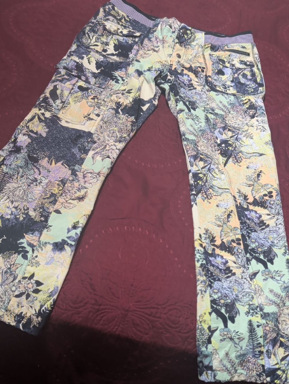 Free People Floral Patchwork Wide-Leg Pants in Pastel Mint, Peach, Navy